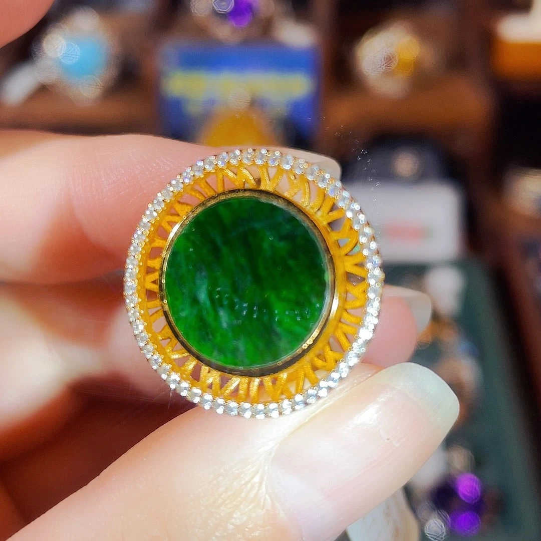 翡翠戒指银S925镀金镶嵌