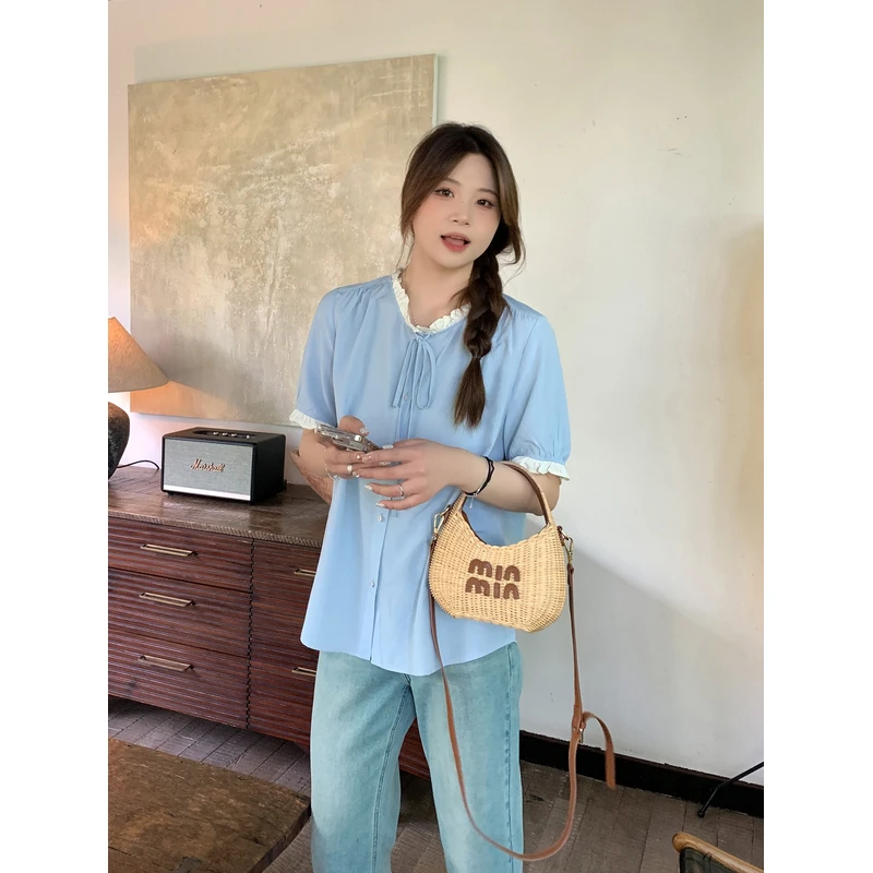 【ALINDM年终大清仓】夏胖mm蓝色开衫上衣200斤法式短袖衬衫AS25471