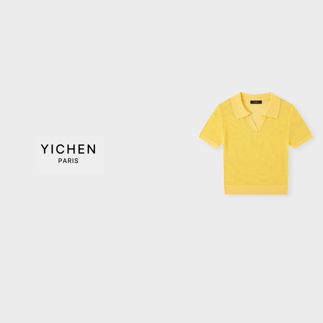 YC 芒果黄翻领重工镂空徽标针织短袖-6255