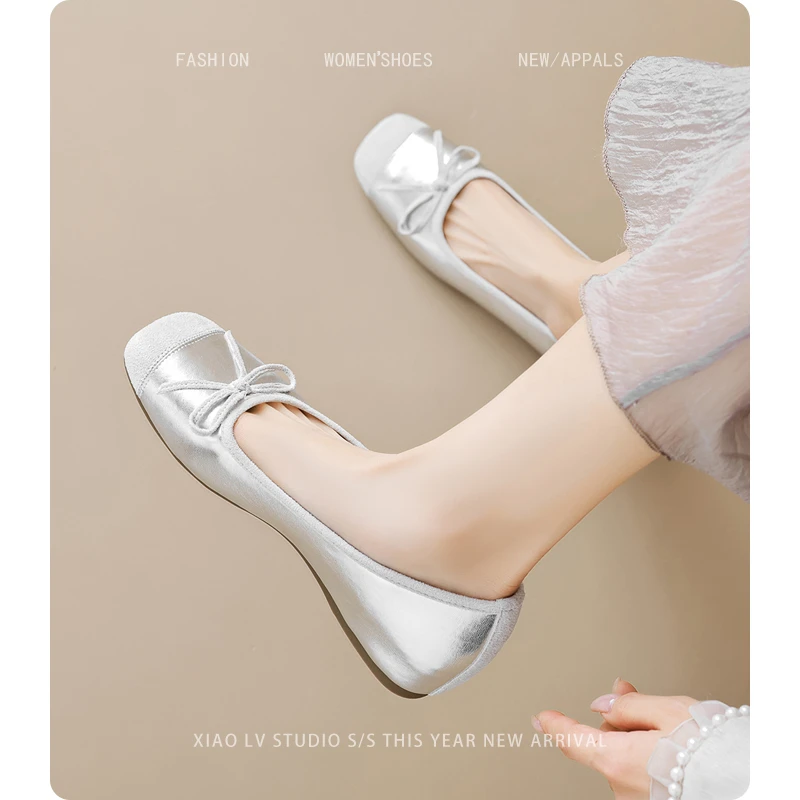 晚晚·内增高方头银色单鞋蝴蝶结芭蕾舞鞋女外穿春秋百搭软底大码