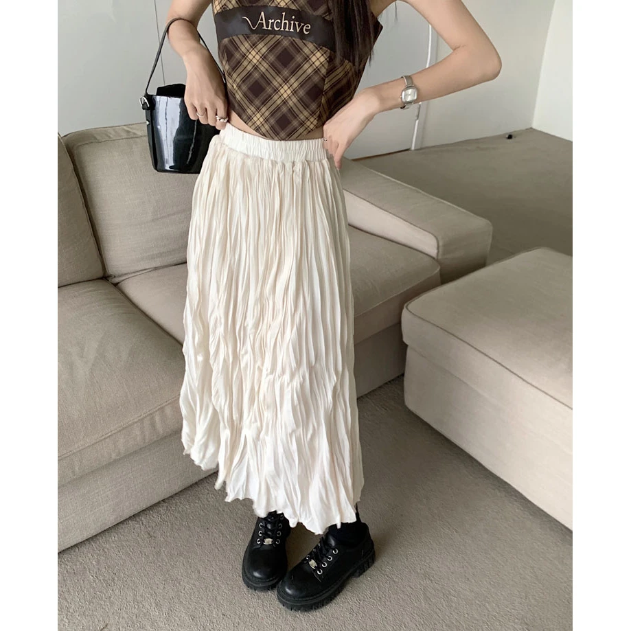 2025春夏韩版设计感中长款百褶裙高腰显瘦宽松休闲大摆裙半身裙