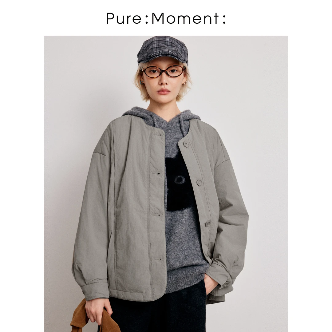 小麦檬Pure:Moment:秋冬简约高级显瘦无帽圆领棉服4EC180614X