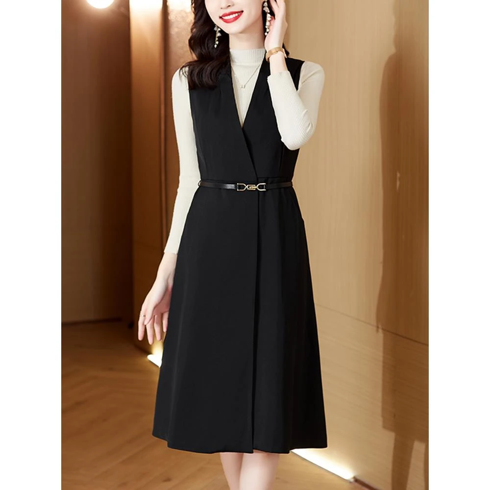 妈妈秋装时尚黑色马甲背心裙女秋季2025新款高级感收腰背带连衣裙
