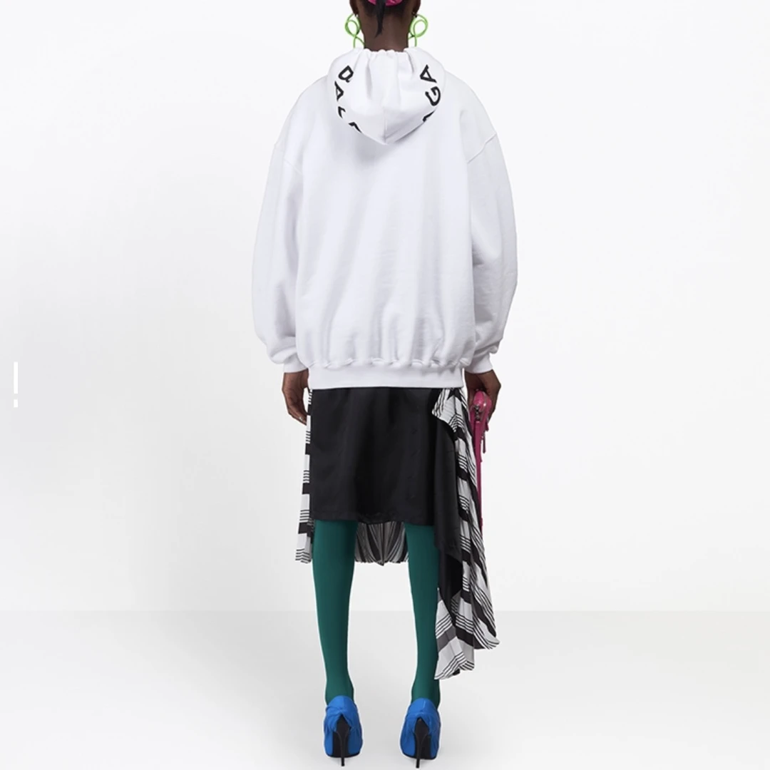 99新 Balenciaga/巴黎世家 80211/白色兜帽Logo印花连帽卫衣/XS码