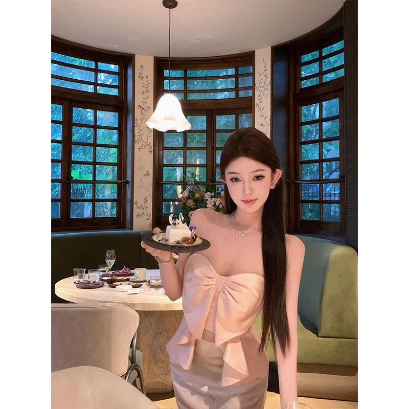 2025夏季新款纯欲甜美少女蝴蝶结抹胸上衣高腰性感百搭半裙两件套