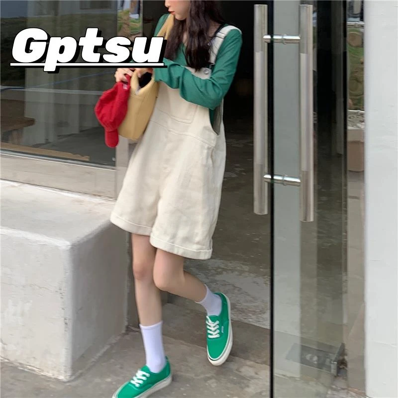 GPTSu牛仔背带裤女2025新薄款小个子大码显瘦宽松连体裤五分短裤