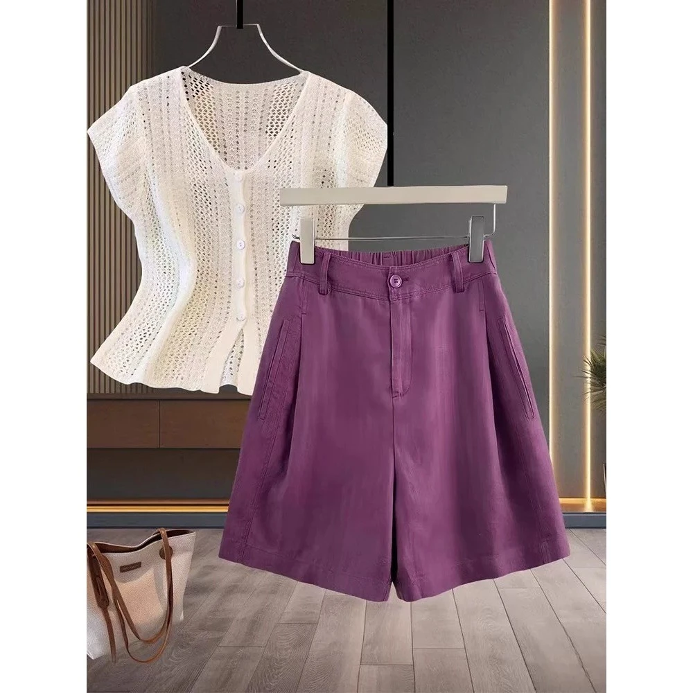 【现货+运费险】莱赛尔天丝亚麻五分裤高腰夏女显瘦短裤百搭通勤