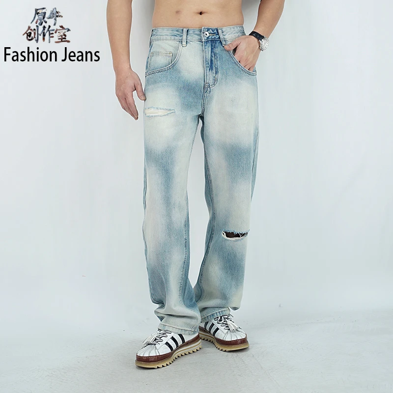 蓝天白云--新春款美式潮牌刺绣复古水洗破洞牛仔裤男宽松直筒长裤