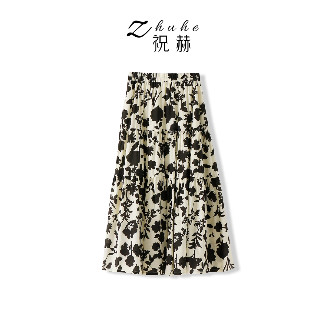 ZHUHE祝赫-气质优雅百搭洋气显瘦高级感印花中长款半身裙-5CQ9256