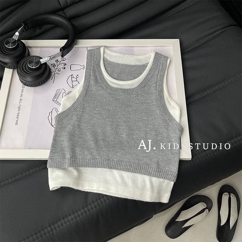 Q【蜜桃甜心】阿卷夏韩版女童简约假两件冰丝针织无袖背心MPG6149