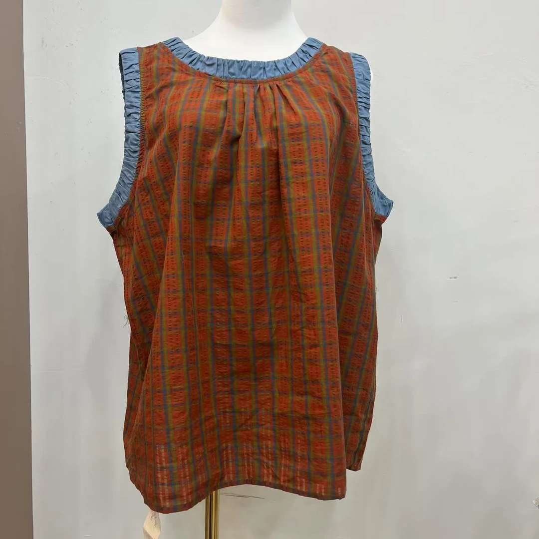 S8369 夏季圆领无袖红格针织宽松潮流