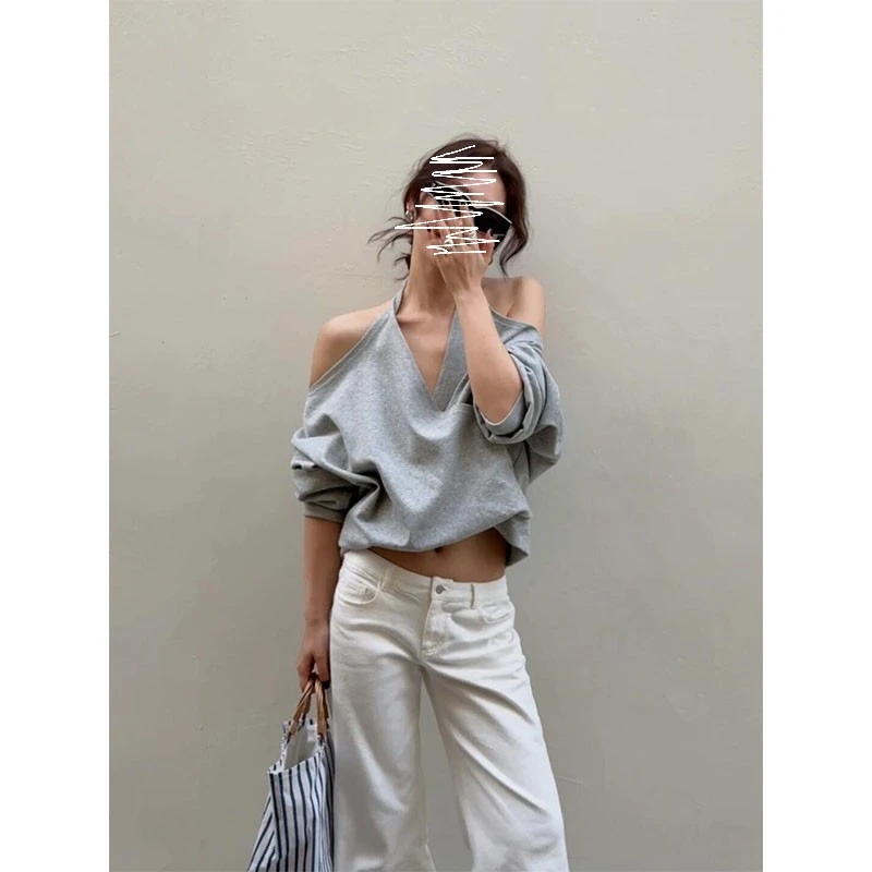 韩系新款休闲百搭气质设计感露肩长袖上衣高腰修身显瘦直筒阔腿裤