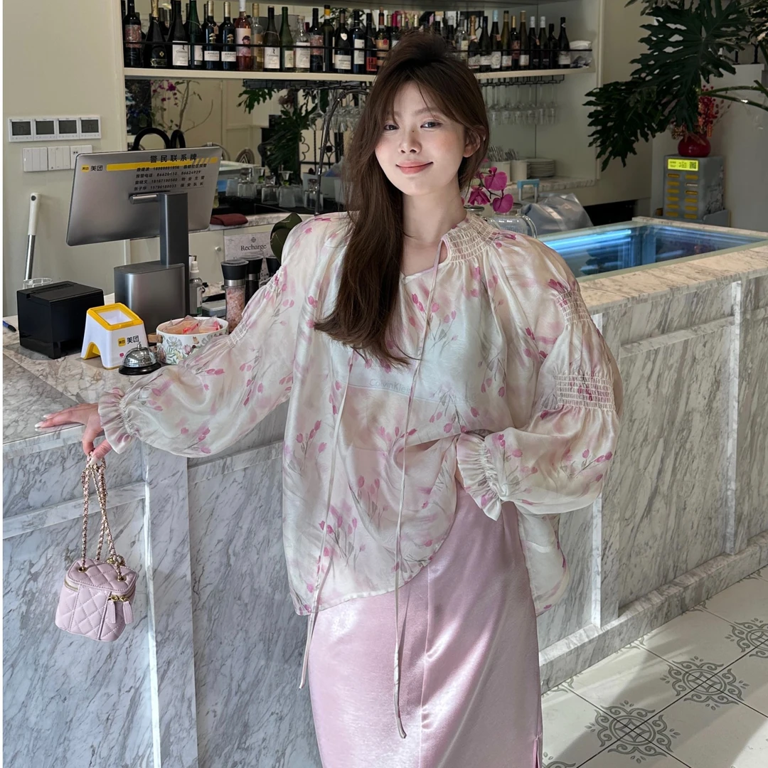 晶咕【莫奈花园】法式小众系带温柔风碎花衬衫+缎面半裙