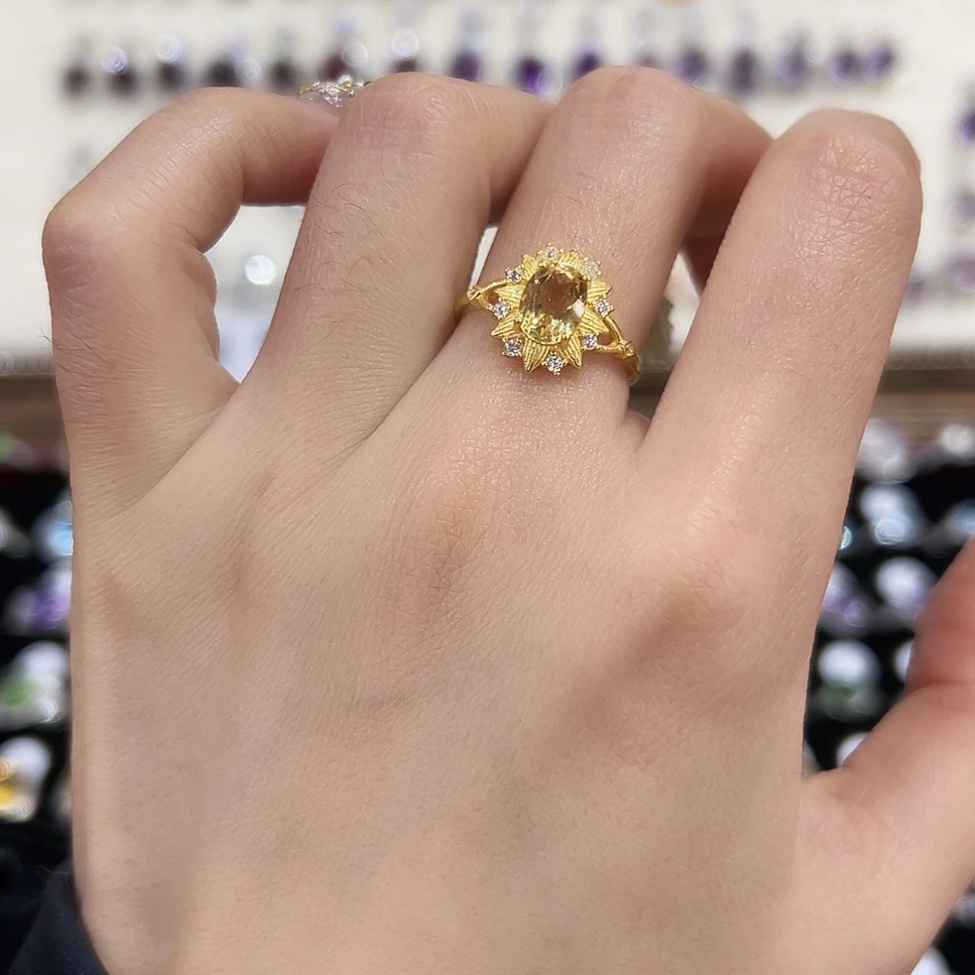 黄晶戒指银S925镶嵌金托不保色