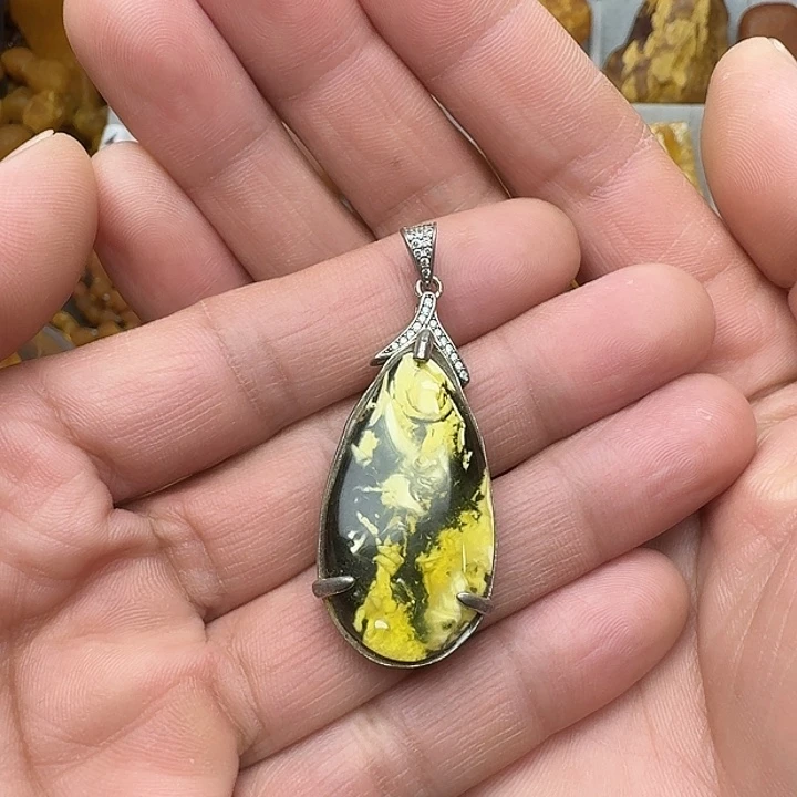 蜜蜡银S925镶嵌裸石天然蜜蜡吊坠