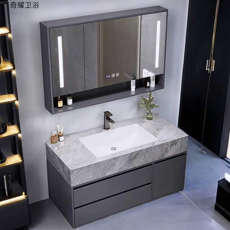 岩板无缝陶瓷一体浴室柜组合简约卫生间洗漱台洗手洗脸盆卫浴套装