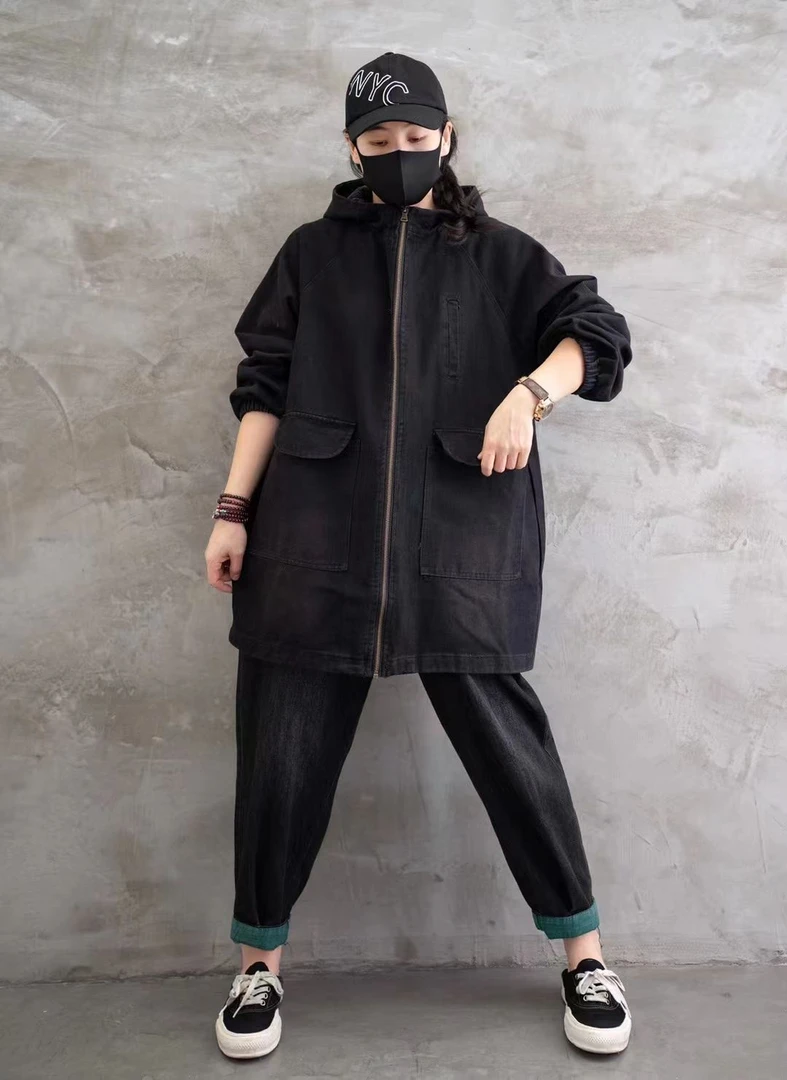 新款炒色牛仔风衣中款半大休闲时尚百搭连帽宽松黑色