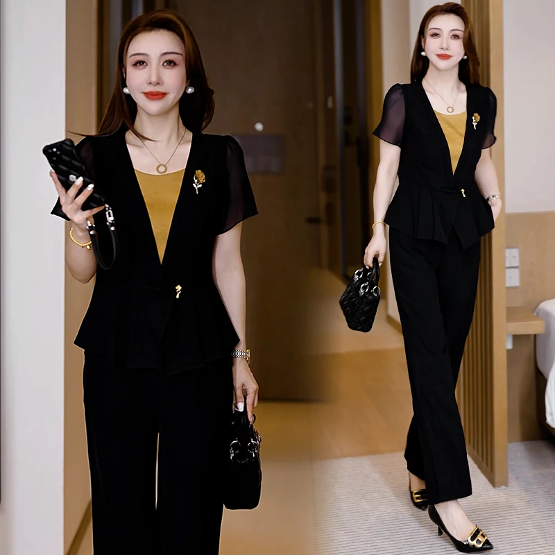 时尚套装女2025夏季新款洋气显瘦假两件V领短袖上衣阔腿裤两件套