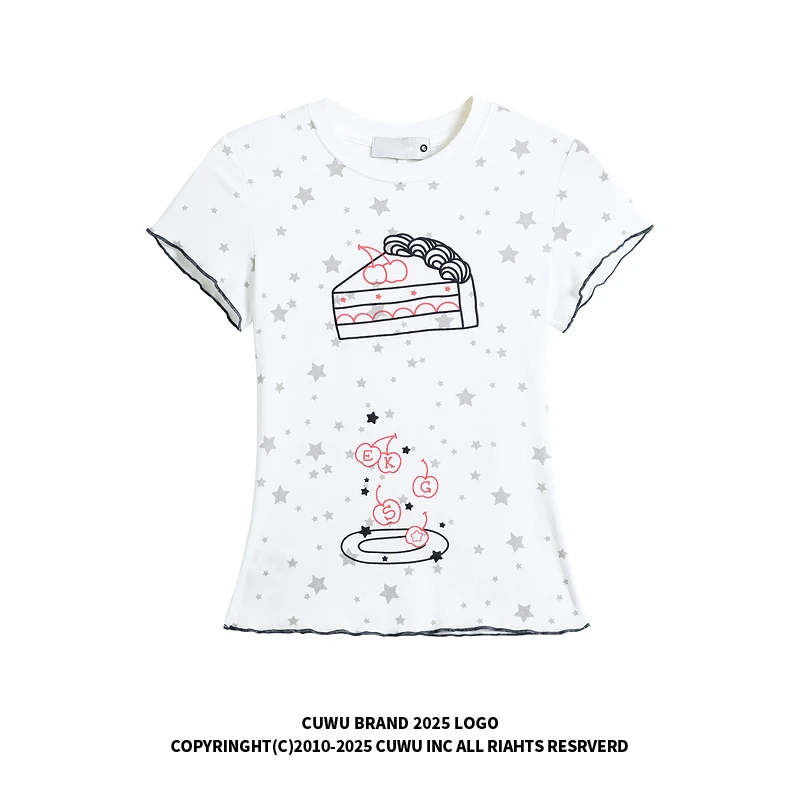 cuwu美式短款正肩t恤女夏季星星满印千禧辣妹短袖修身显瘦上衣潮