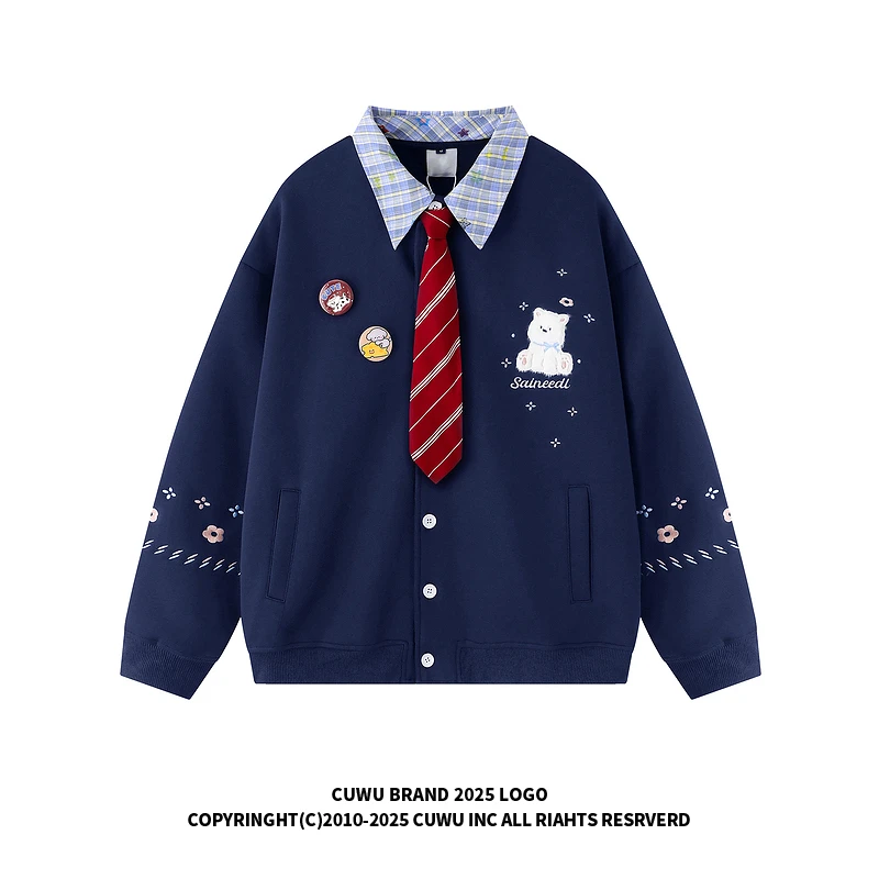 cuwu美式380g重磅假两件polo领卫衣女秋冬刺绣小狗徽章开衫外套
