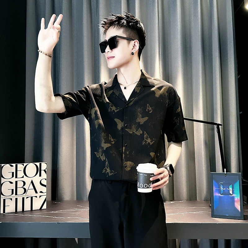 古巴领蝴蝶印花短袖衬衫男款2025新款高级感夏季潮牌痞帅休闲衬衣