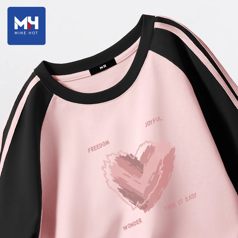 唐狮集团MH粉色撞色插肩t恤女纯棉早春款洋气宽松休闲长袖上衣P