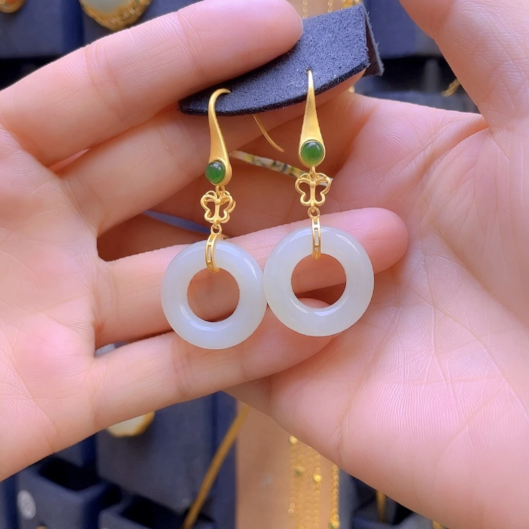 和田玉耳饰银S925镀金镶嵌