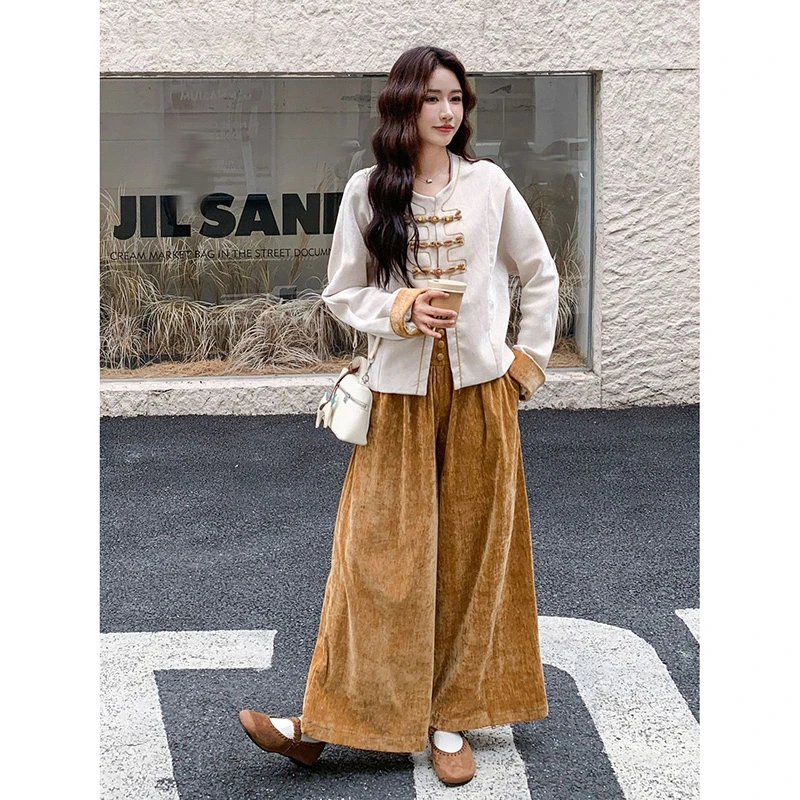 特大码300斤胖mm新中式复古盘扣外套女春秋季高腰阔腿裤两件套240