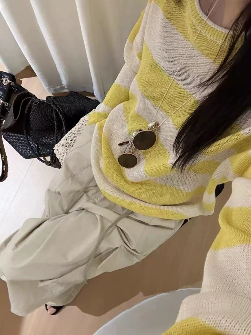 夏季条纹撞色和纸纱防晒针织衫1508