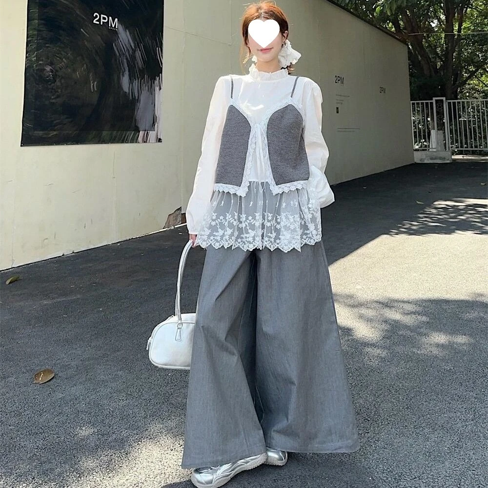 休闲慵懒风蕾丝拼接假两件长袖衬衫叠穿吊带背心女卫裤女款春秋