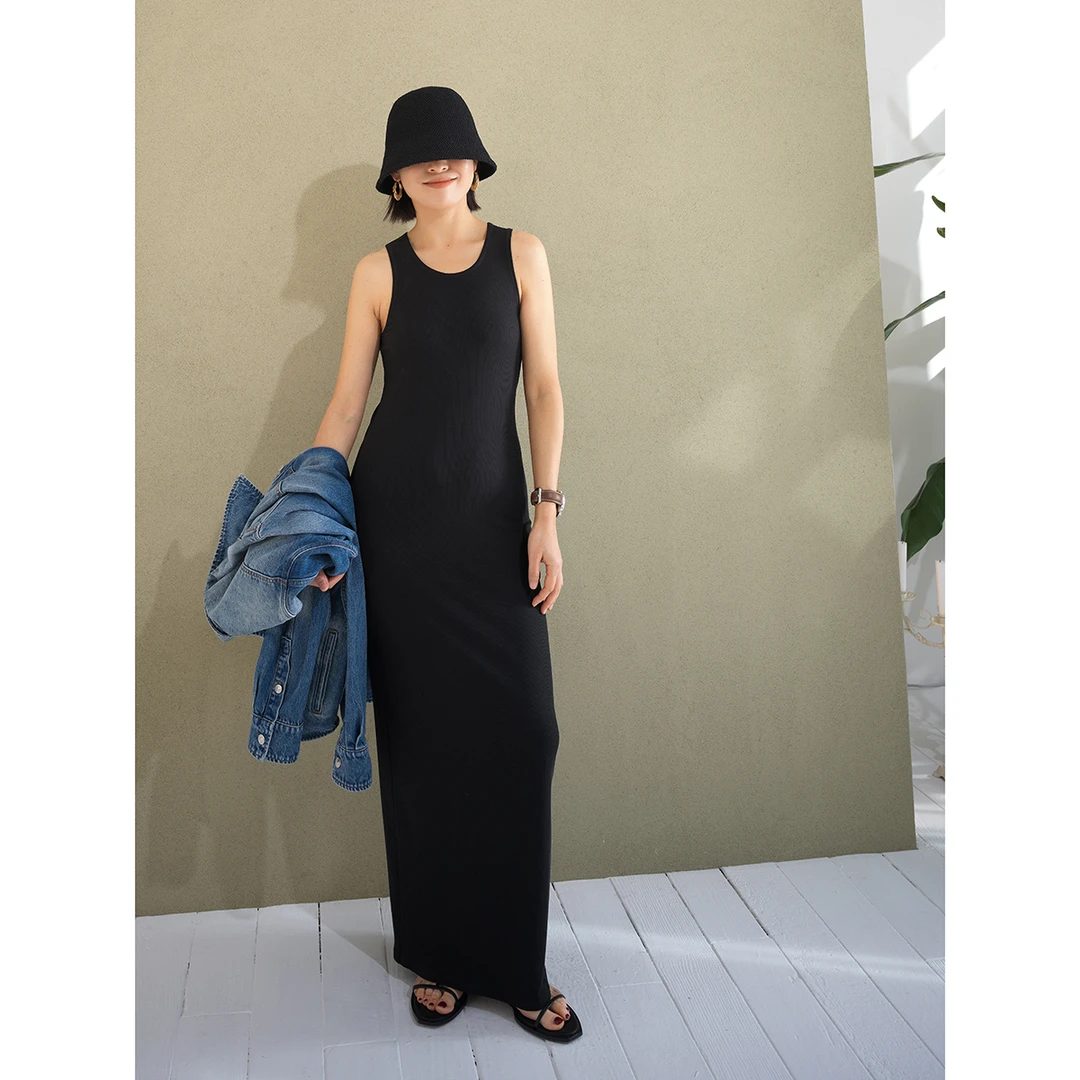 懒人背心裙 弹力莱赛尔罗纹 圆领细坑条黑灰色修身连衣长裙CB502