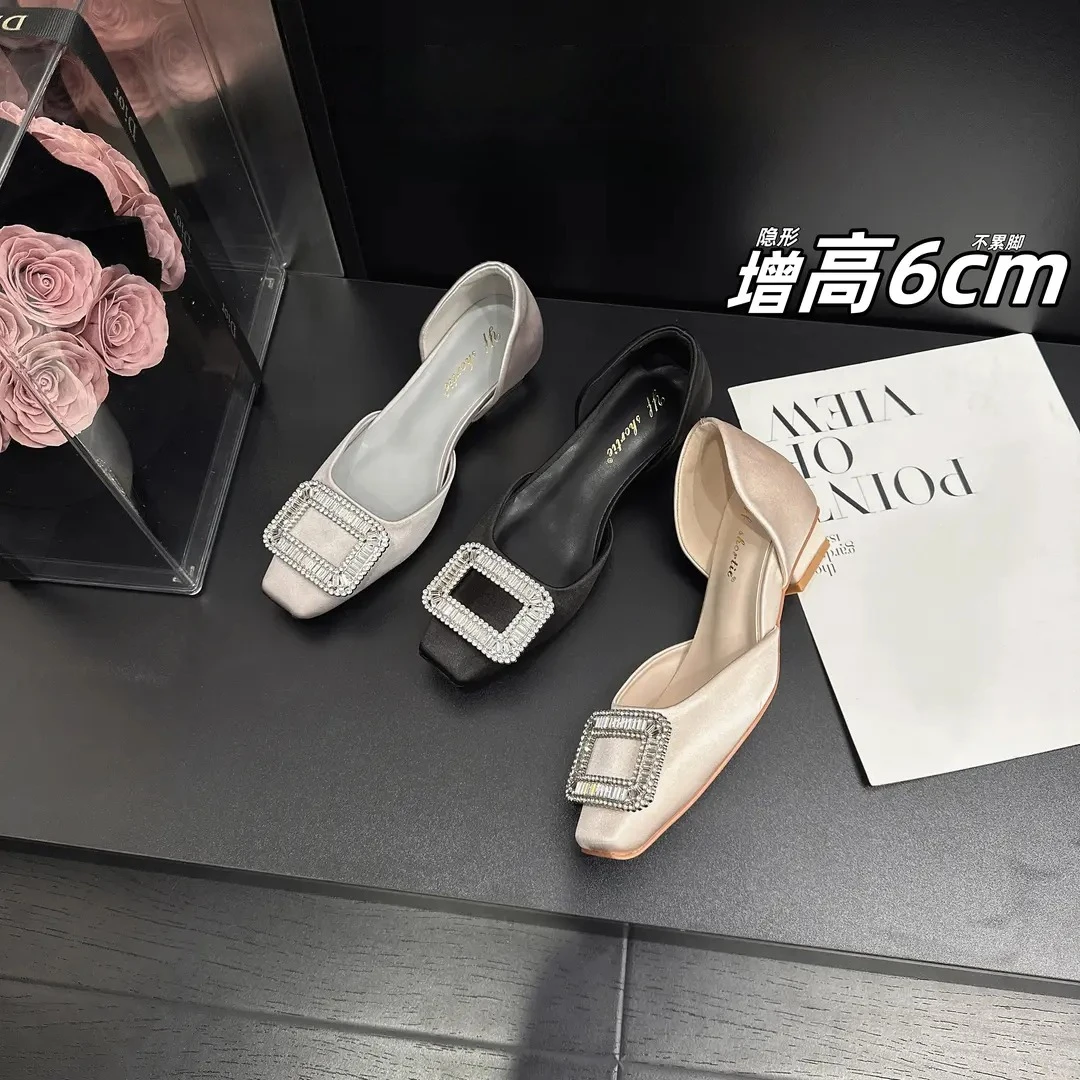 羊皮版～增高6cm水钻扣浅口单鞋女2025新款法式透气百搭中空凉鞋