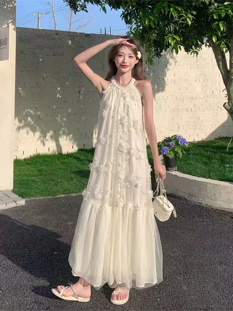 A字裙夏季度假风吊带挂脖连衣裙长裙中长款轻奢风绝美气质女