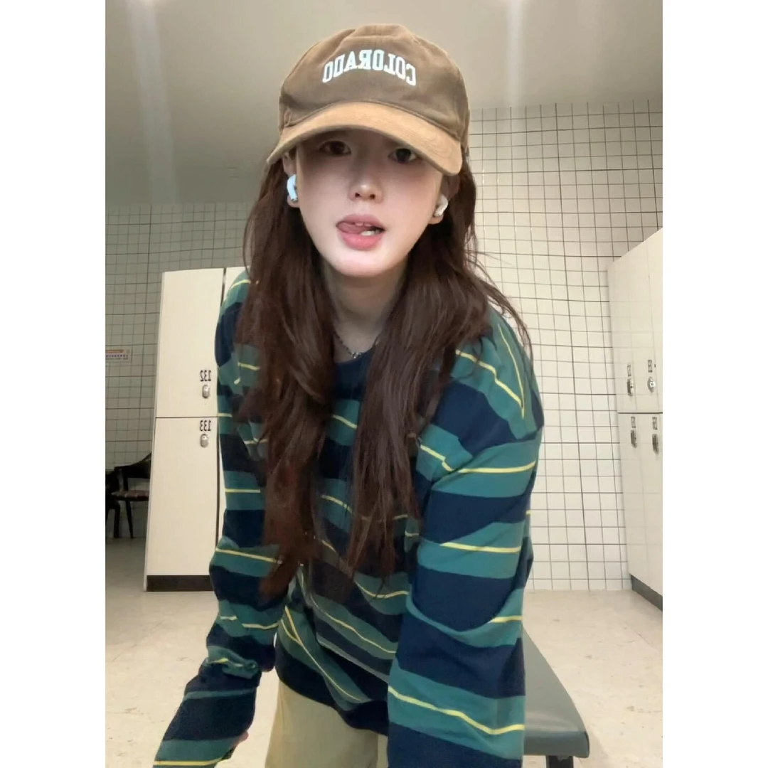 韩系美式复古条纹拼接长袖t恤女2025年早秋新款百搭拼接拼色上衣