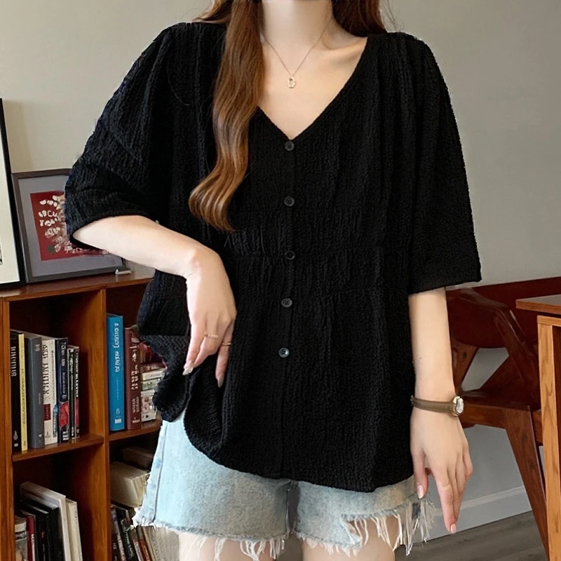 大码胖mm巨遮肚上衣200斤胖妹妹夏装深V领宽松遮肚子黑色显瘦3226