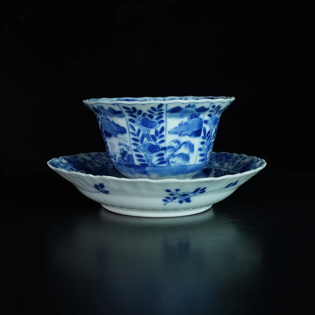 LABC241219033【十竹斋】清光绪高士人物青花花口杯碟套