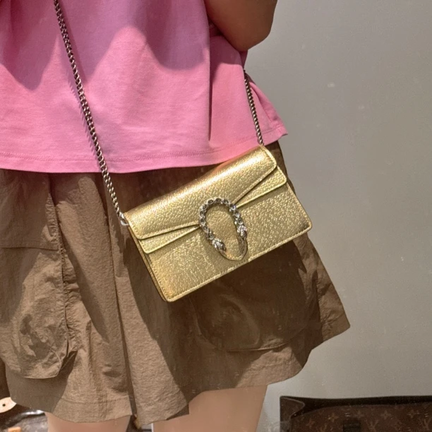 95新 GUCCI/古驰 酒神mini香槟金链条斜挎包/QT6668