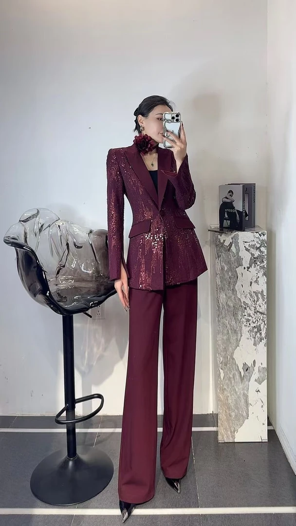 《泳秀精品》断码清红色流苏亮片设计师高定款西装套装通勤气质