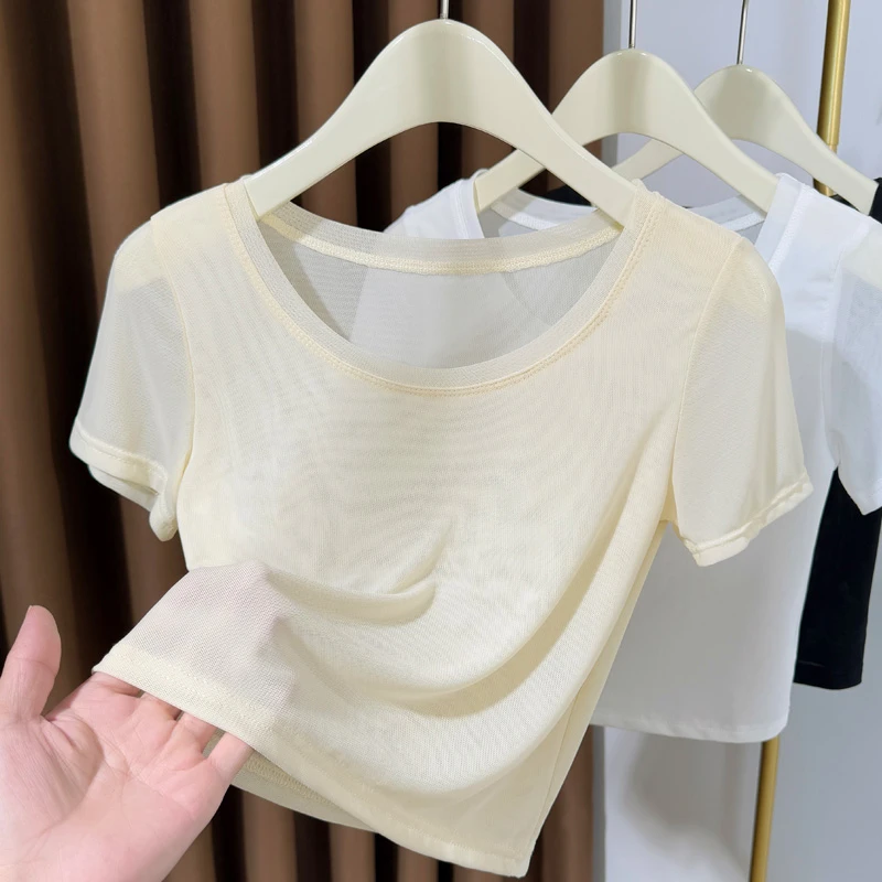 短款冰丝短袖t恤女夏季2025新款配吊带裙内搭打底衫圆领网纱上衣