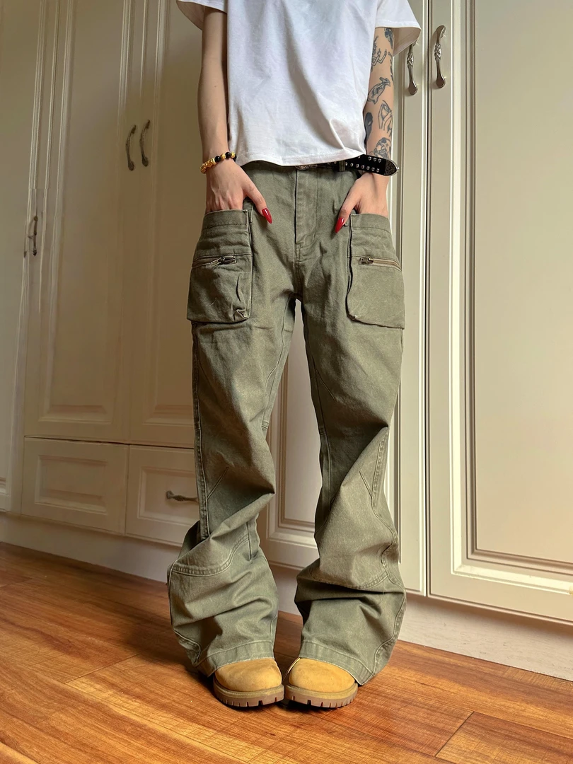 A1MP2025美式复古cleanfit双侧拉链口袋直筒百搭宽松工装裤男女款