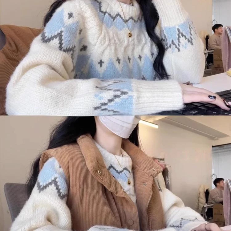 费尔岛森系毛衣女秋冬季2025新款奶fufu禅意感套头针织衫白色上衣