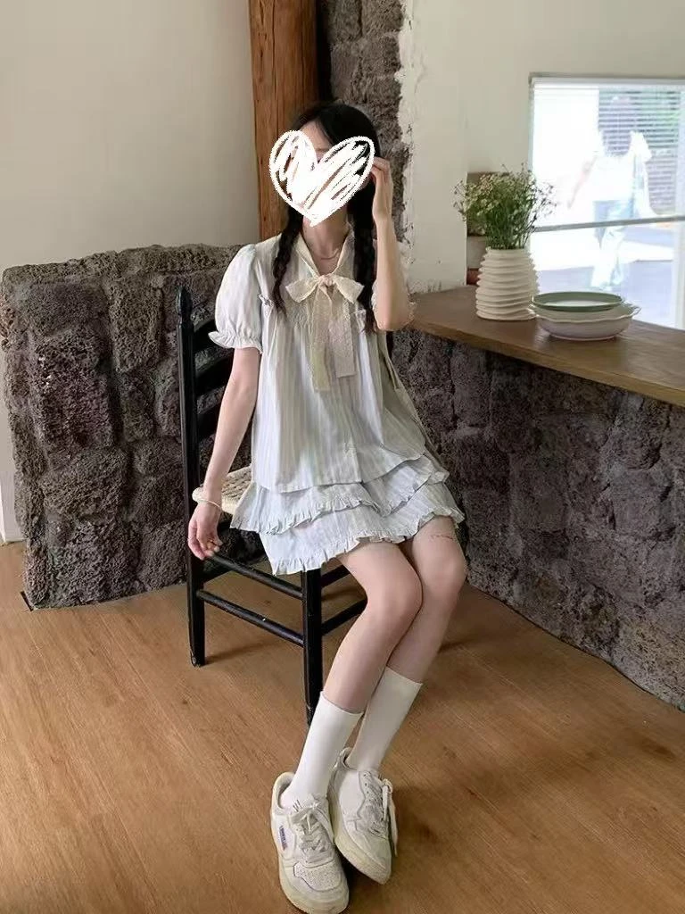 条纹花边领短袖衬衫胖MM夏季学院风甜美俏皮精致半身裙两件套