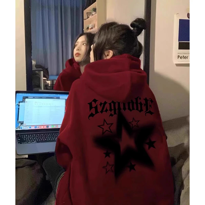 2-300斤胖mm酒红色秋冬连帽卫衣hiphop潮牌大码外套ins加绒上衣女