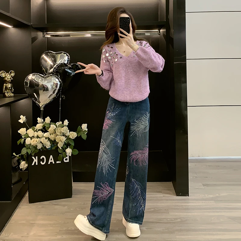 轻熟风时髦亮片毛衣时尚套装女秋冬高腰重工烫钻阔腿牛仔裤两件套