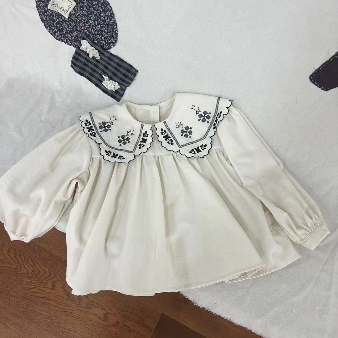 〖姐姐家〗2025春款儿童萌娃穿搭重工碎花刺绣翻领娃娃衬衫 bt110