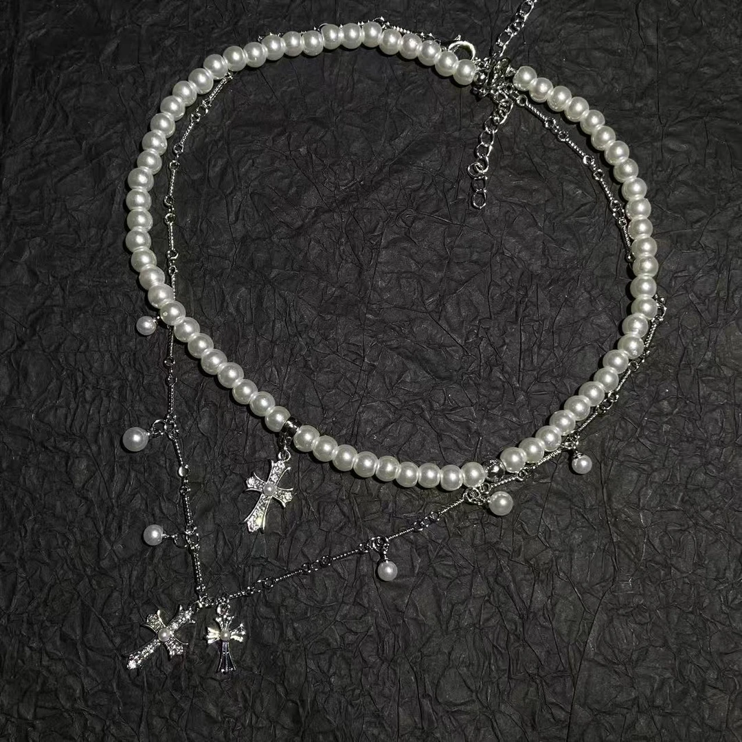 合金项链 珍珠十字架双层叠戴锁骨链