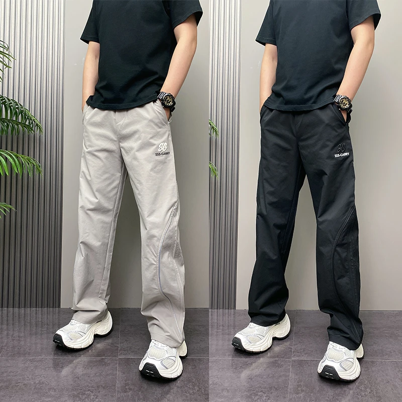 2025秋季新款美式潮牌刺绣帅气运动裤男士宽松拼接直筒休闲长裤子