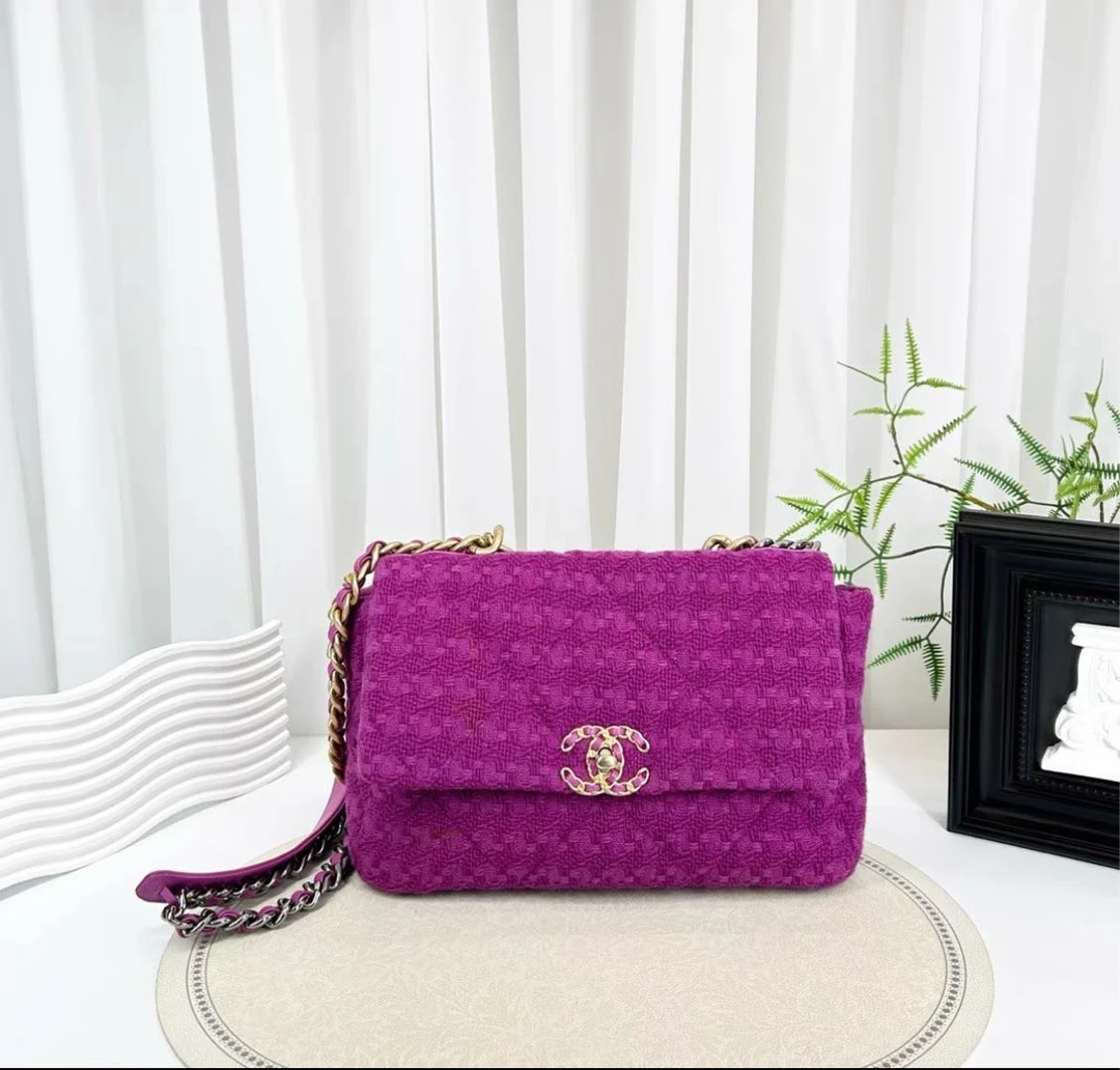 99新 Chanel/香奈儿 19bag 粉紫色菱格纹毛呢编织金扣链条包