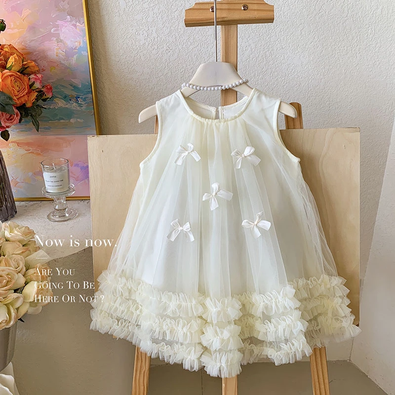 【本妈】2025夏”甜心玛丽”女童无袖蝴蝶结网纱连衣裙T25029 39'9