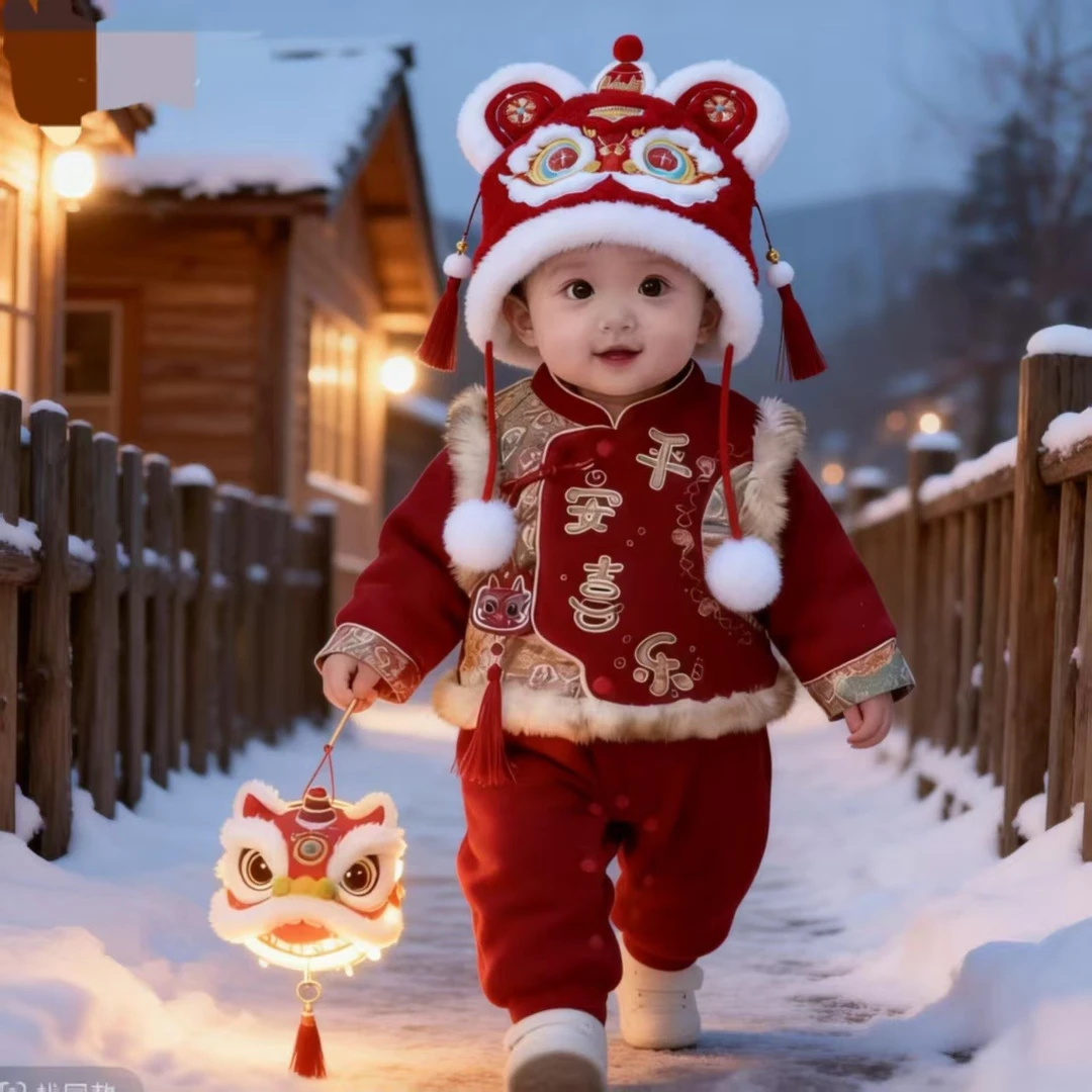 【贝嘉乐】平安喜乐宝宝新中式喜庆中厚偏开马甲连体哈衣两件套R